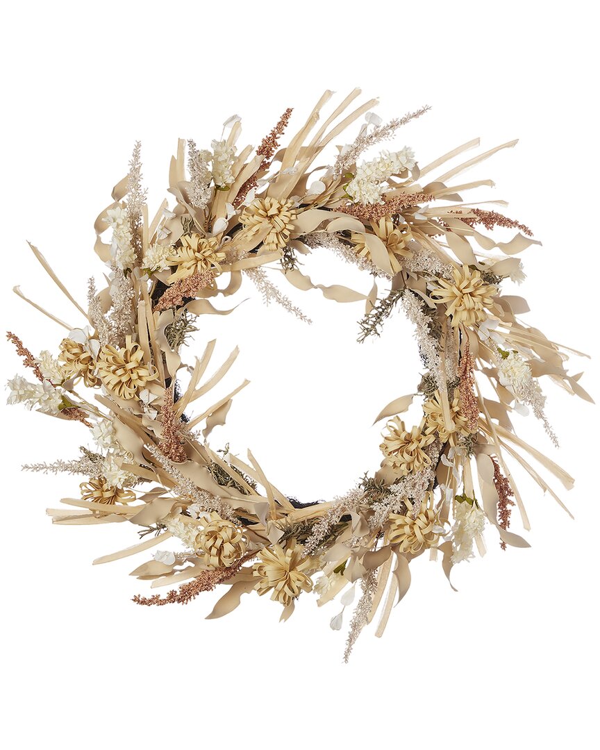 Seasonal Llc Golden Wild Flower 26in Wreath With Artificial Flax Grass, Mini Mums, Wild Delphinium,