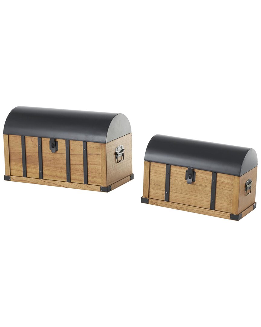 Peyton Lane Set Of 2 Wooden Studded Storage Decorative Trunk With Metal Arched Tops & Vertical Stri In Brown