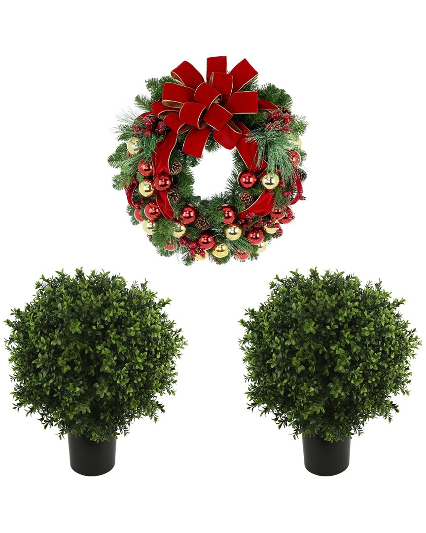 Shop Creative Displays Modern Christmas Set With 26in Holiday Wreath & 2 Uv-rated Boxwood Drop-ins In Red
