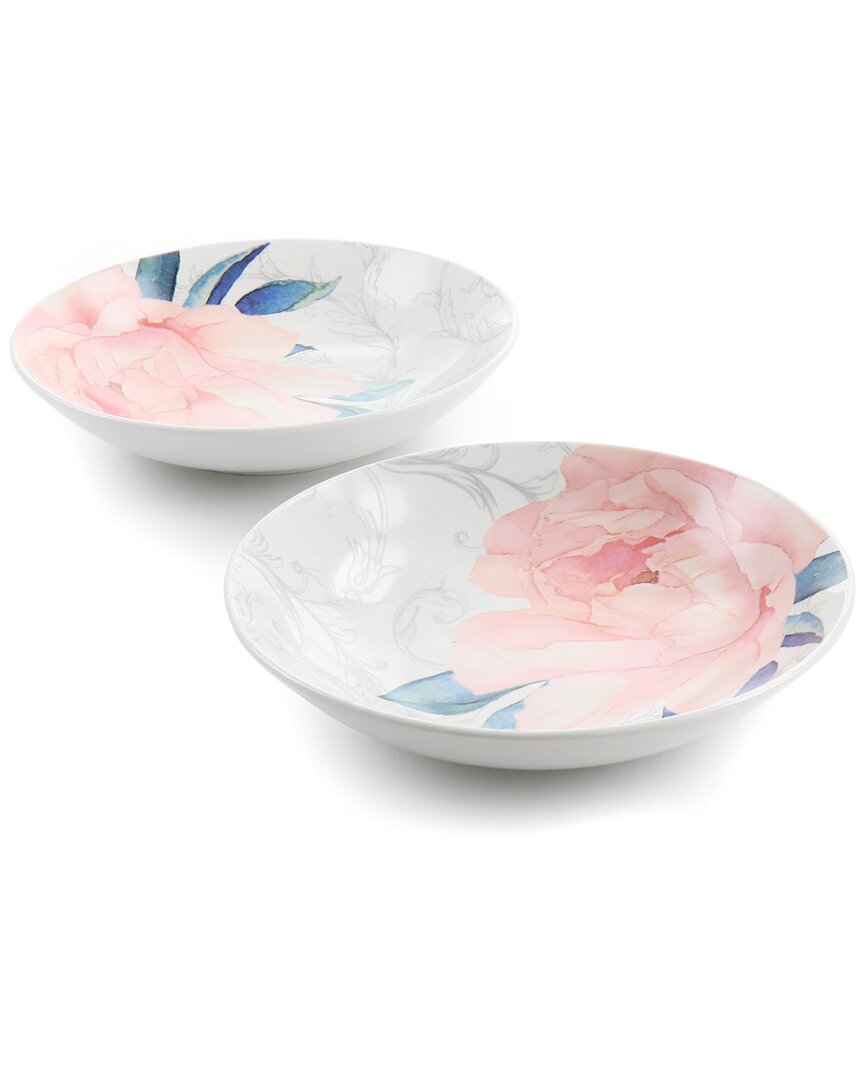 Martha Stewart Peony 2pc 9in Fine Ceramic Dinner Bowl Set In Pink