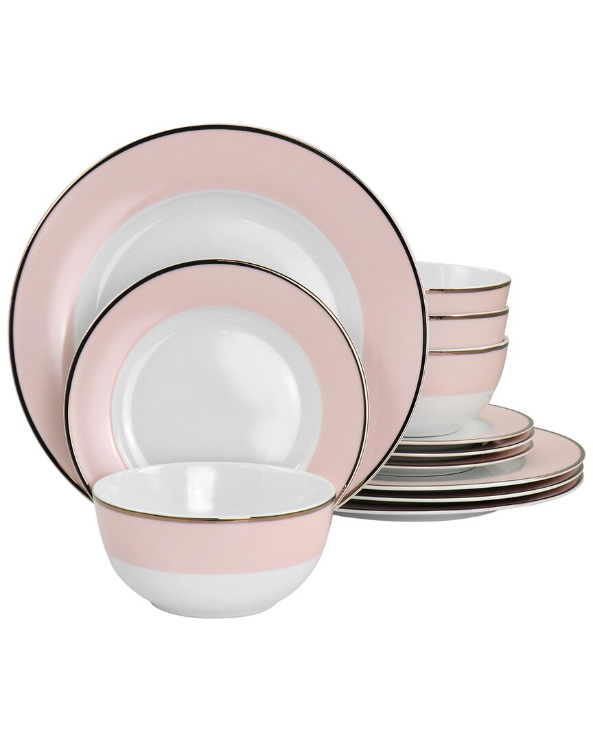 Martha Stewart Gold Rimmed 12pc Fine Ceramic Dinnerware Set In Pink