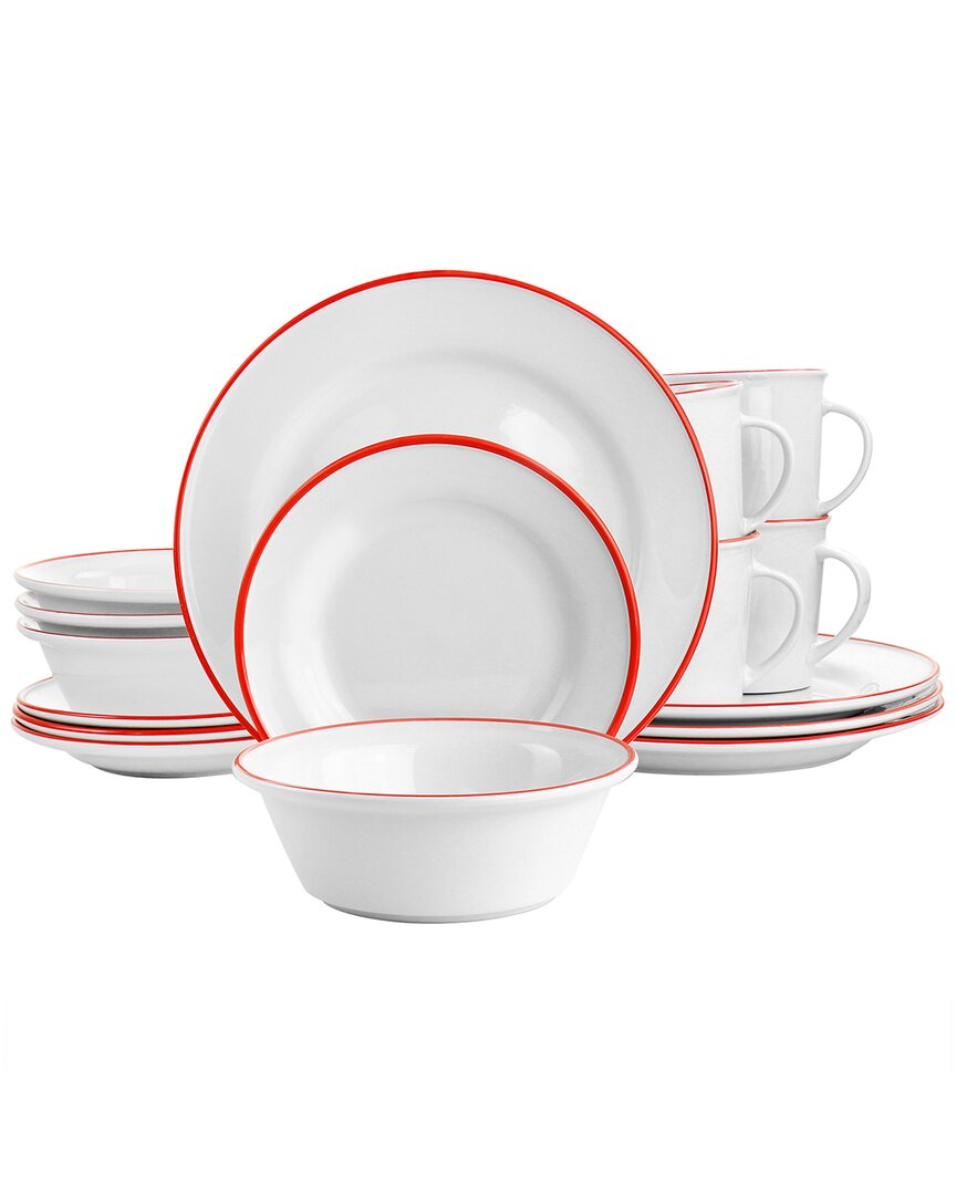 Martha Stewart Red Rimmed Fine Ceramic 16pc Dinnerware Set In White