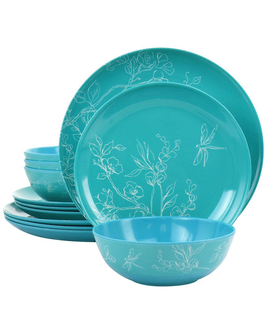 Martha Stewart 12pc Leafy Floral Melamine Dinnerware Set In Turquoise