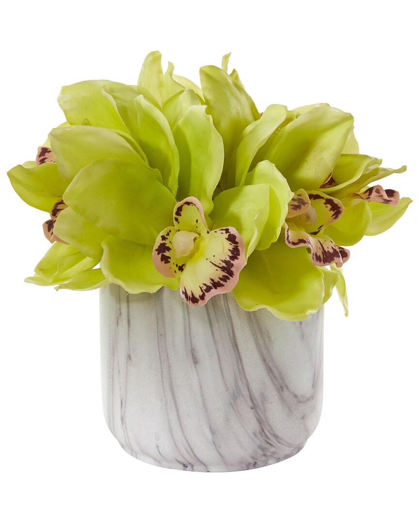 Nearly Natural Cymbidium Orchid Artificial Arrangement In Marble Vase