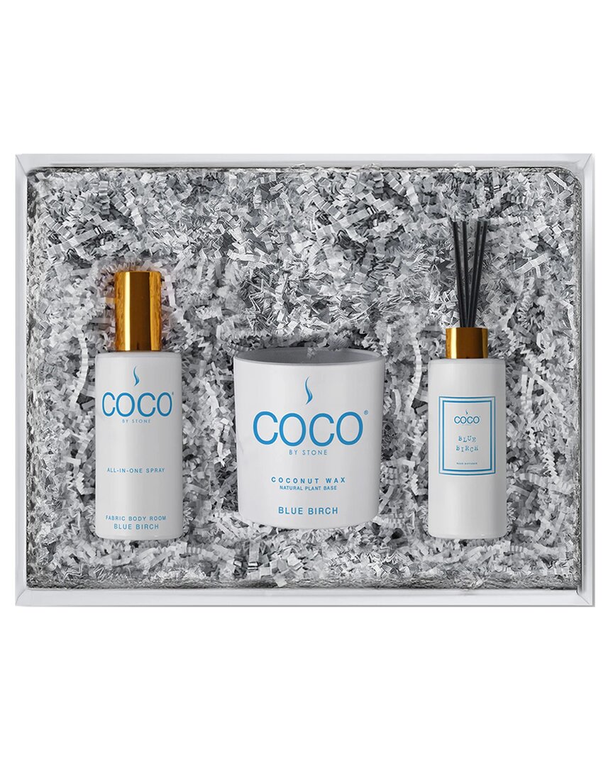 Coco By Stone Blue Birch Diffuser, Room Spray & Candle Gift Pack In White