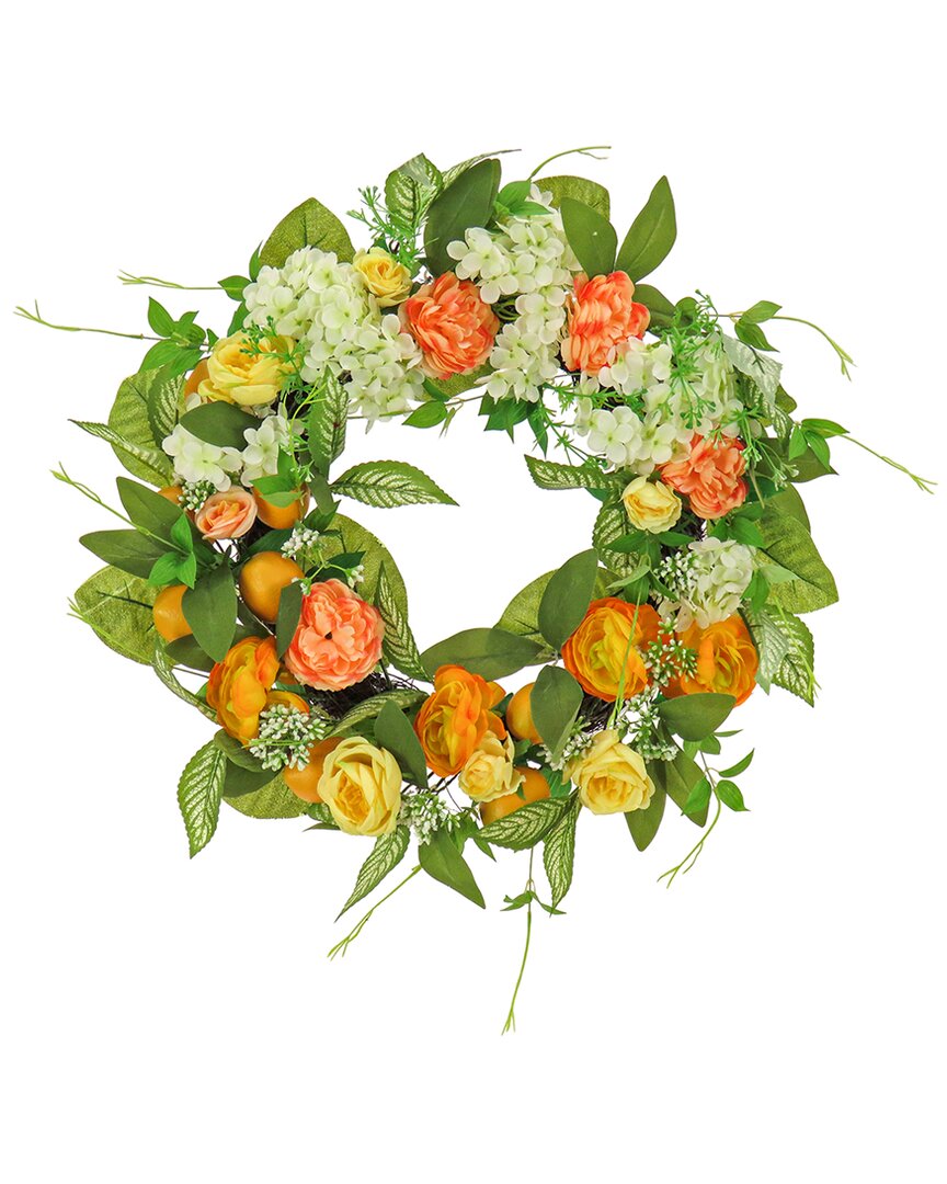 National Tree Company Lemons, Hydrangeas & Buttercups Wreath In Coral