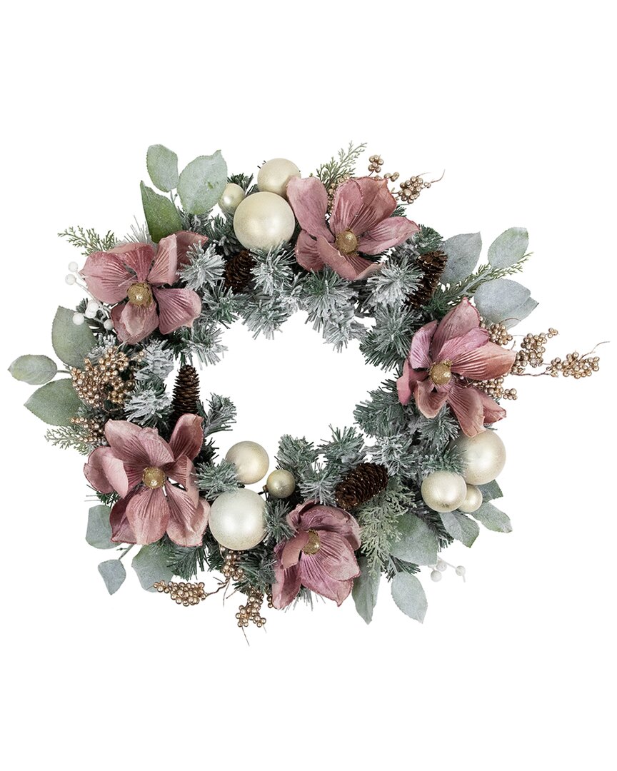 NORTHLIGHT NORTHLIGHT FLORAL & BALL ORNAMENT FROSTED PINE ARTIFICIAL WREATH