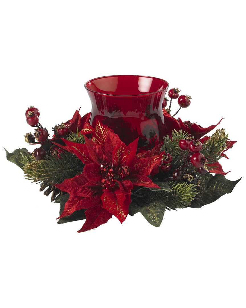 Nearly Natural Poinsettia & Berry Candelabrum In Red