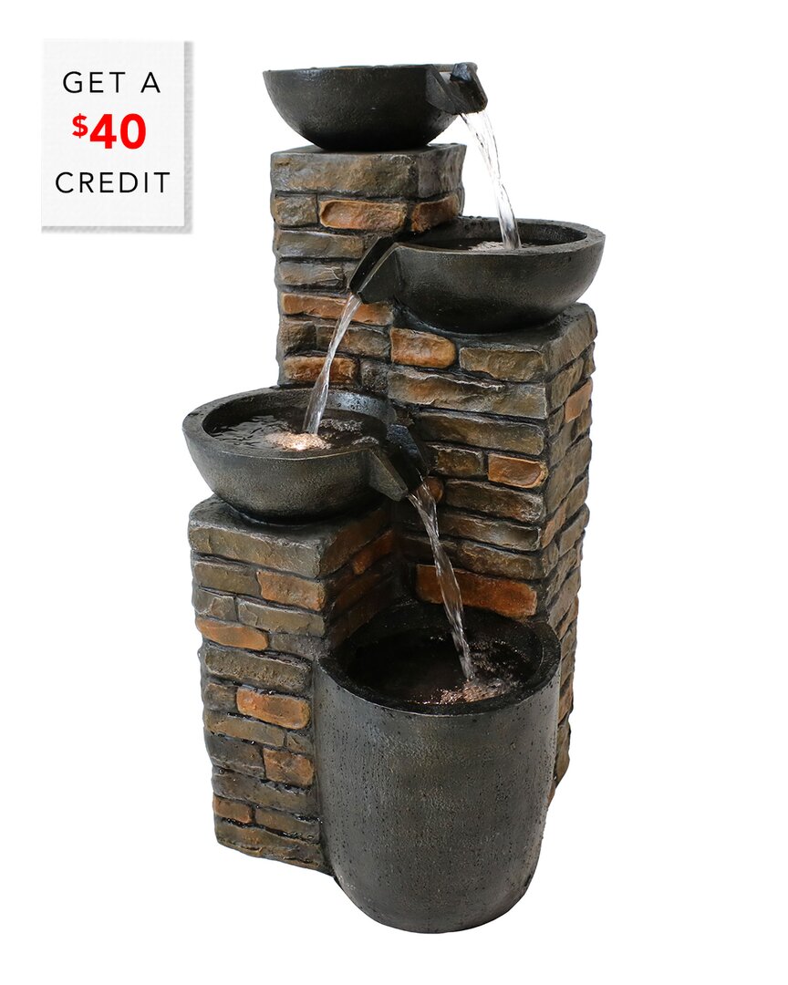 Shop Sunnydaze Staggered Bowls Tiered Outdoor Water Fountain 34in Water Feature W/ Led With $40 Credit In Brown