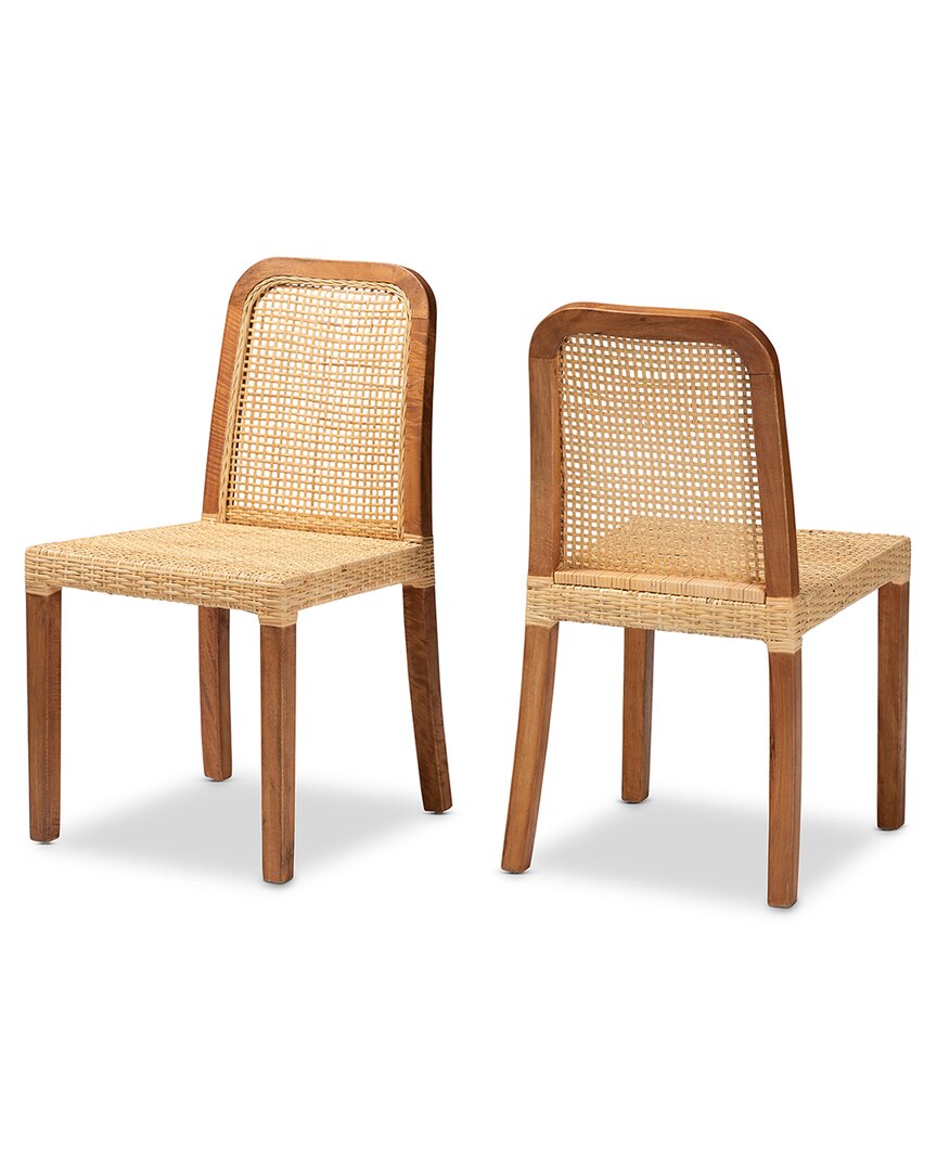 Baxton Studio Caspia Wood And Natural Rattan 2pc Dining Chair Set In Brown
