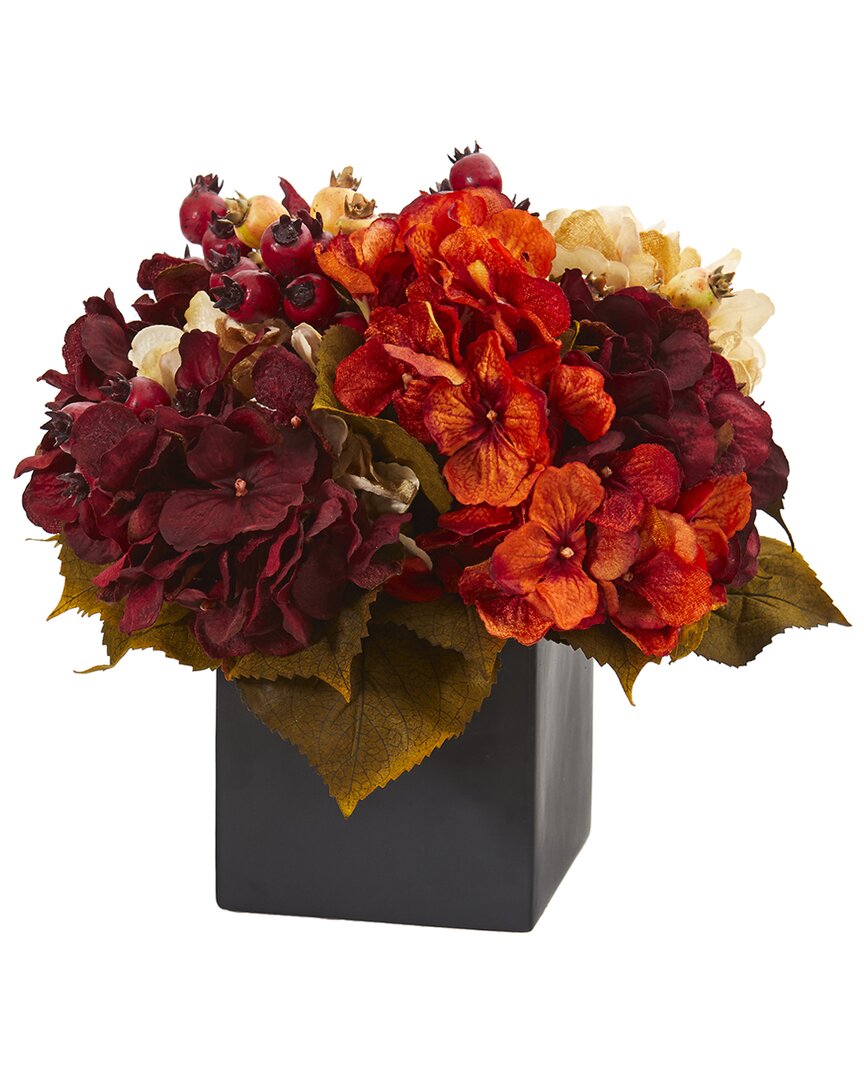 Nearly Natural 12in. Autumn Hydrangea Berry Artificial Arrangement In Black Vase In Black