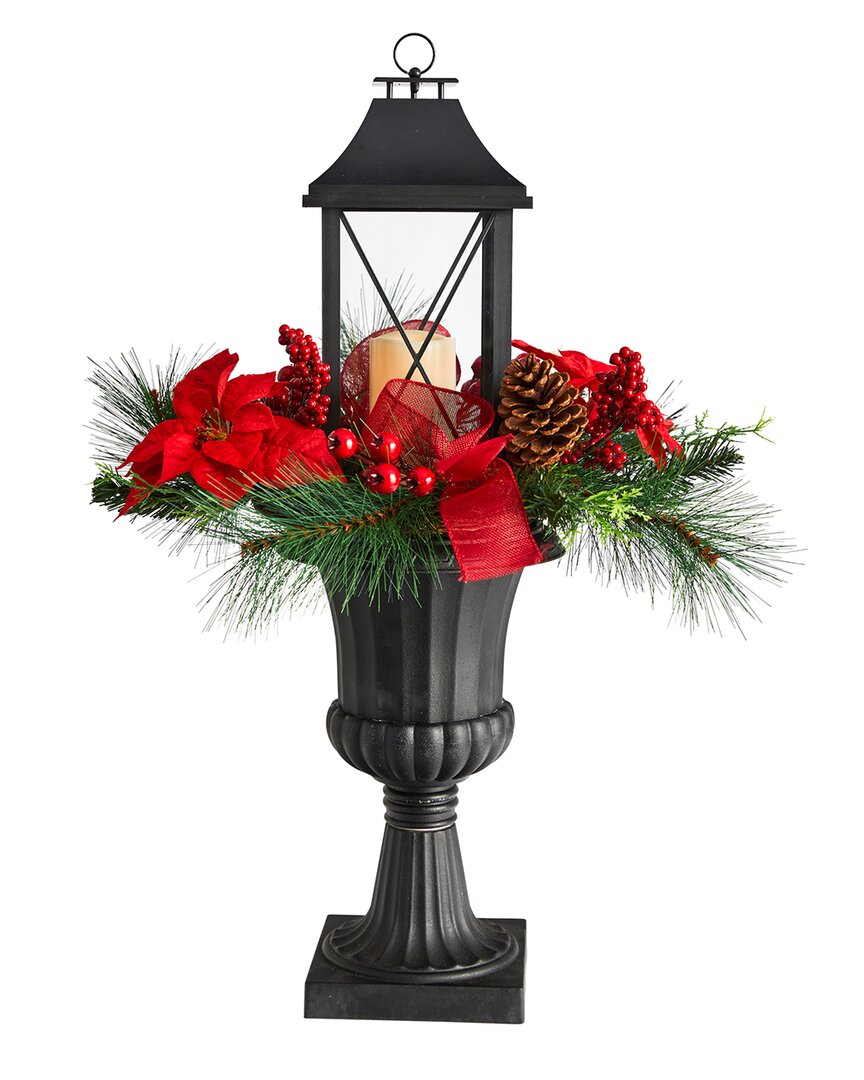Nearly Natural Holiday Christmas Berries And Poinsettia With Large Lantern And Included Led Candle Set In A Decorat In Green