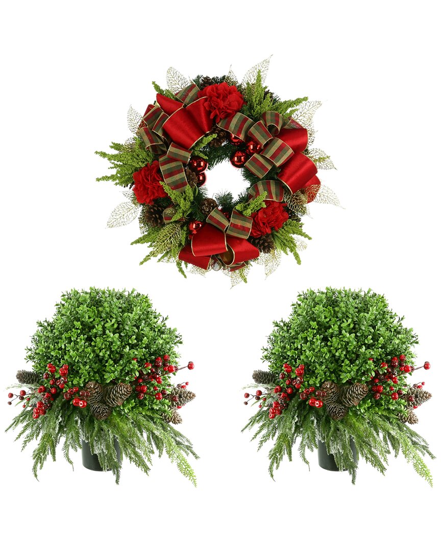 Creative Displays 26in Contemporary Christmas Holiday Wreath With 2 Uv-rated Boxwood Topiary Drop-in In Red