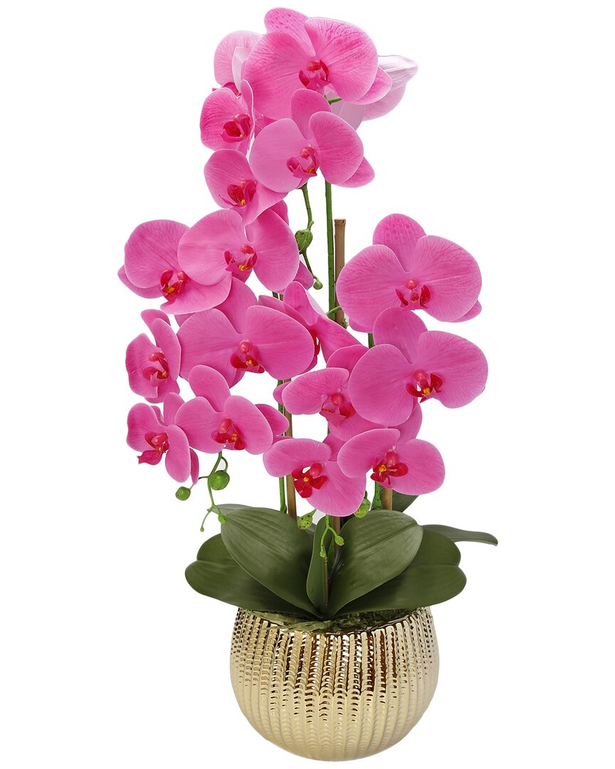 Vivience Pink Orchid Plant In Round Striped Gold Design Pot