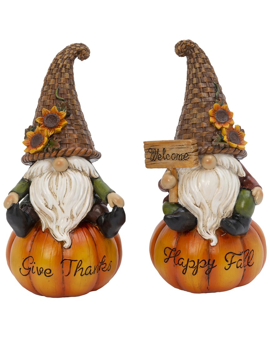 Gerson International Set Of 2 8.8in Harvest Gnomes Sitting On Pumpkin In Multi
