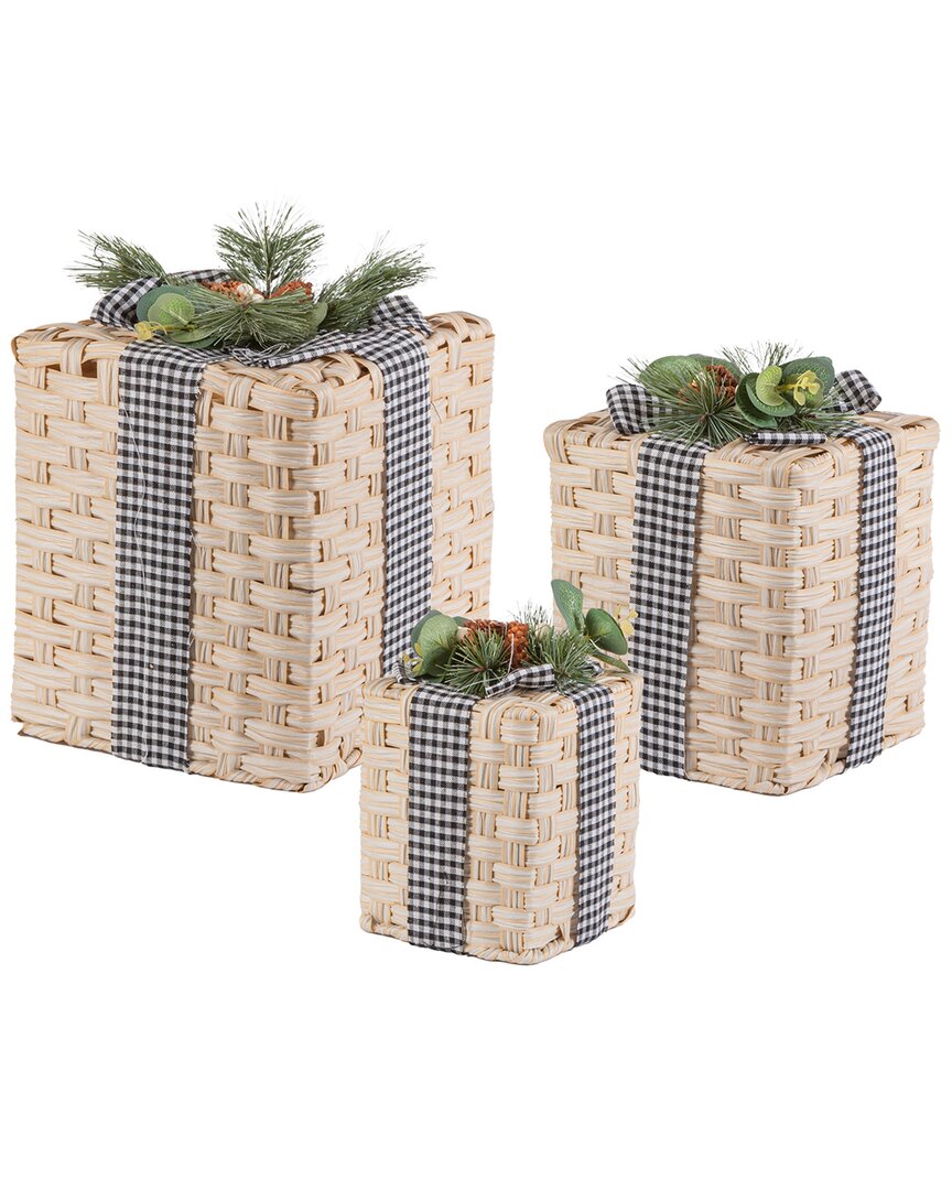 Gerson International ™ Set Of 3 Holiday Christmas Present Décor, Neutral Farmhouse In Brown