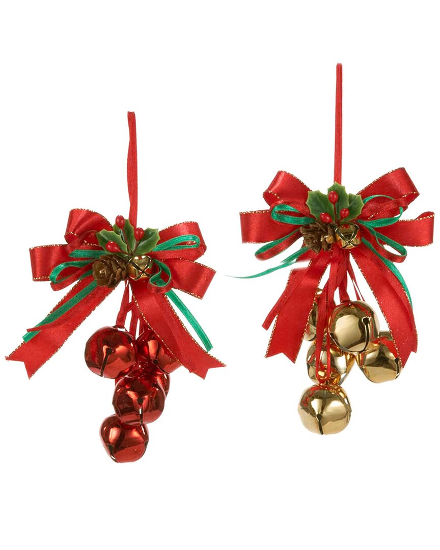 Kurt Adler Set Of 2 Metal Red And Gold Bells With Bow Ornaments In Red
