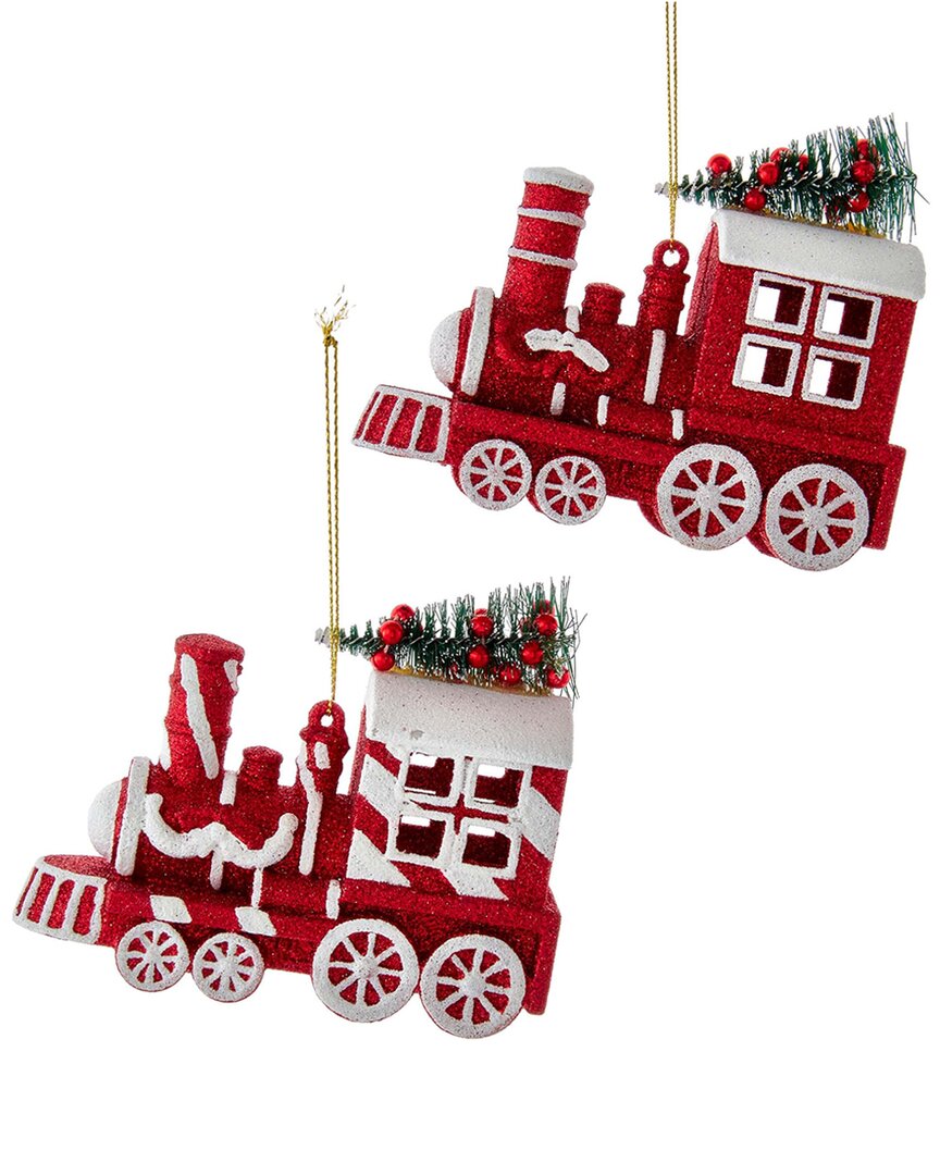 Kurt Adler Set Of 2 Peppermint Stripe Locomotive Ornaments In Red