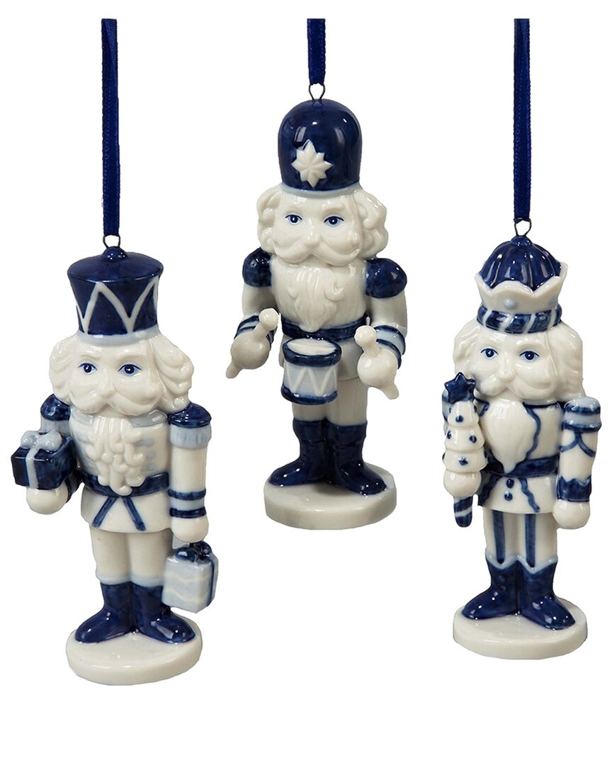 Kurt Adler Set Of 3 Porcelain Delft Blue Nutcracker Ornaments In Blue