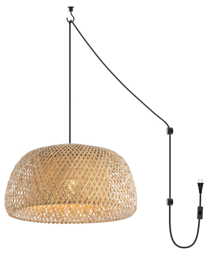 Shop Jonathan Y Mateo 18in 1-light Farmhouse Bamboo 180in Cord Plug-in Or Hardwired Led Pendant In Brown