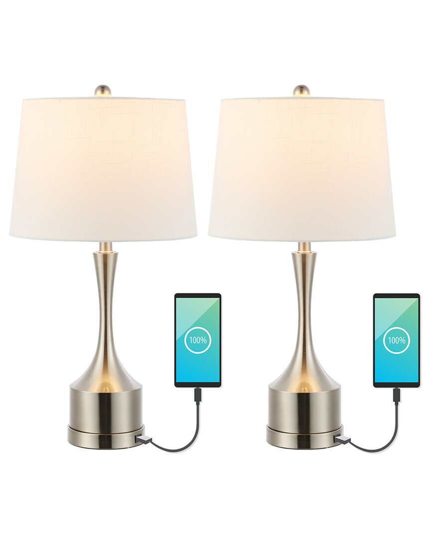 Jonathan Y Cooper 26in Set Of 2 French Country Iron Led Table Lamp With Usb Charging Port In Nickel