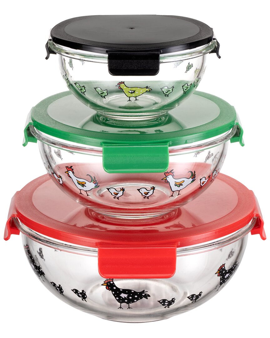 Genicook 3 Pc Round Container Borosilicate Glass Nesting Salad And Mixing Bowl Set With Snap-on Lids