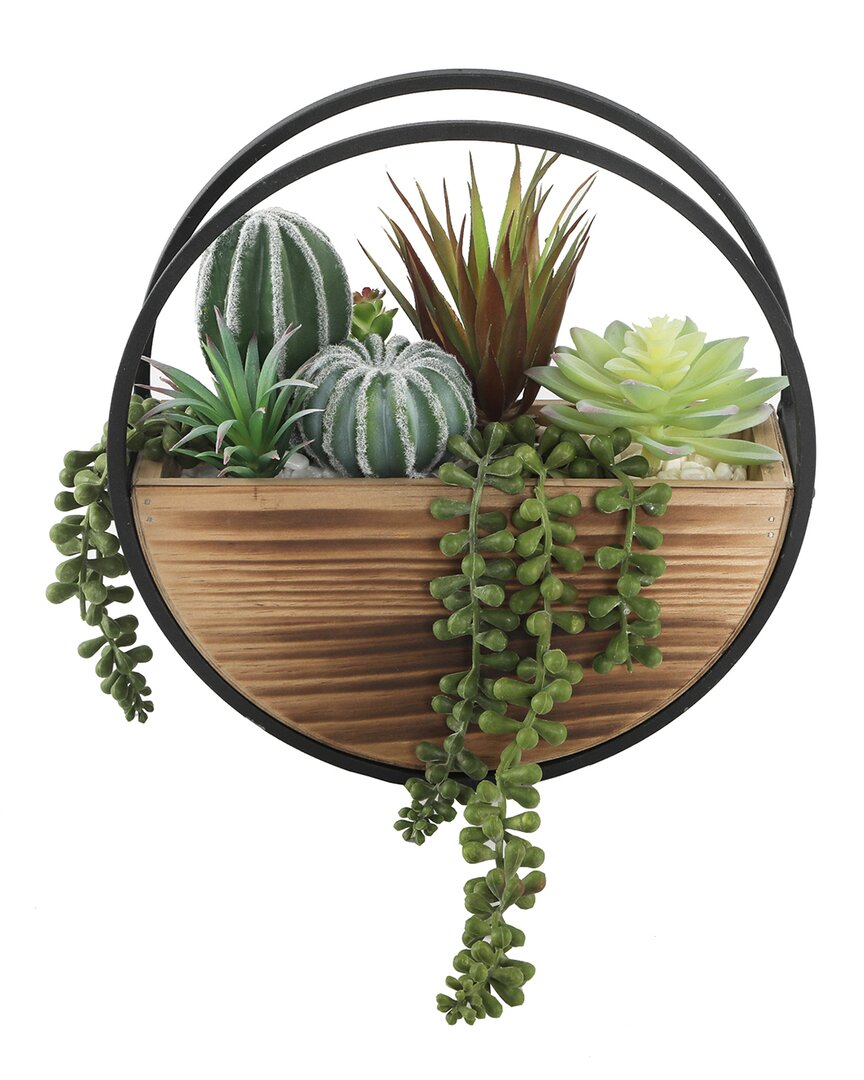 Flora Bunda 11in Round Wood & Metal Wall Succulent Mix In Brown