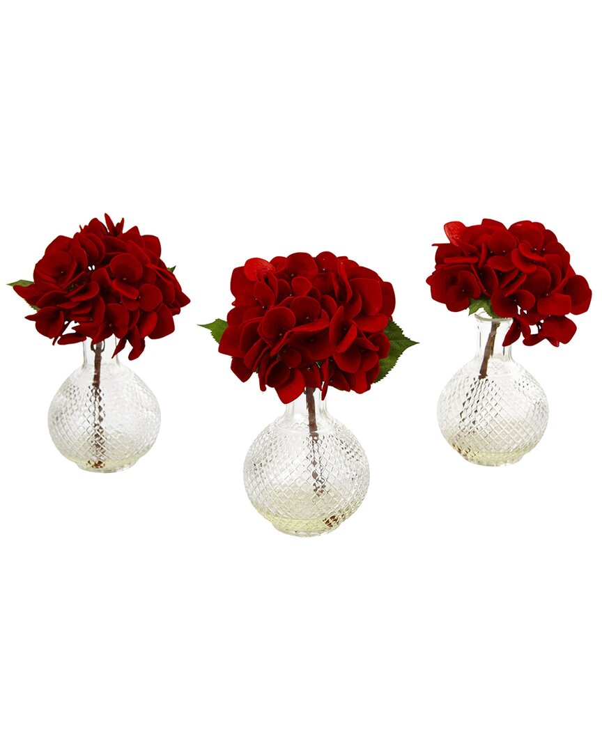 Nearly Natural Set Of 3 Red Hydrangeas With Glass Vase In Green