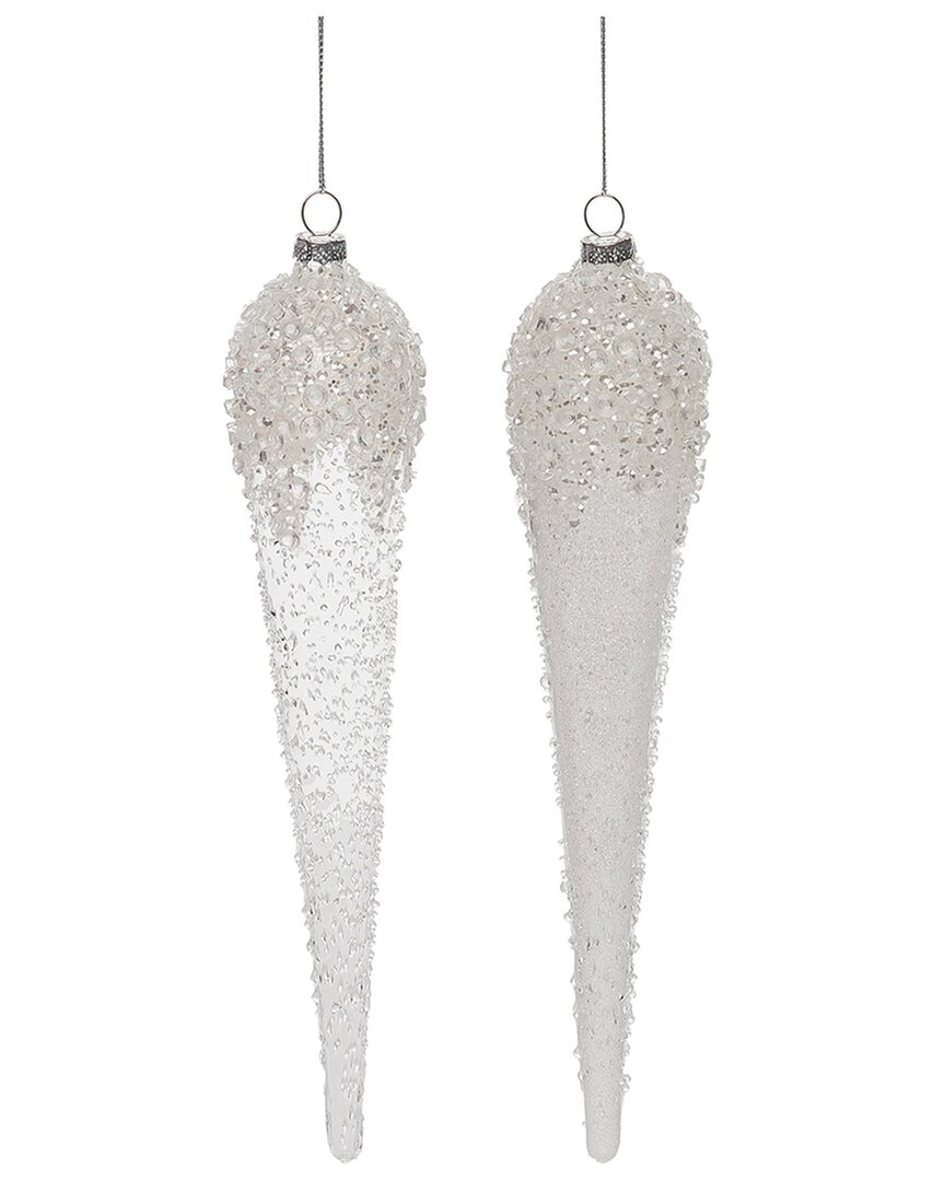 Transpac Glass 9.5in Christmas Icicle Ornament Set Of 2 In Cream