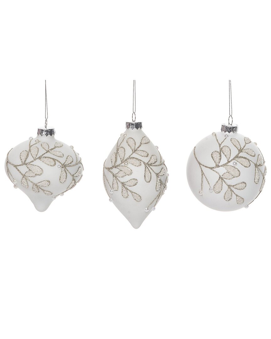 Transpac Glass 4.5in Christmas Leaves Ornament Set Of 3 In White