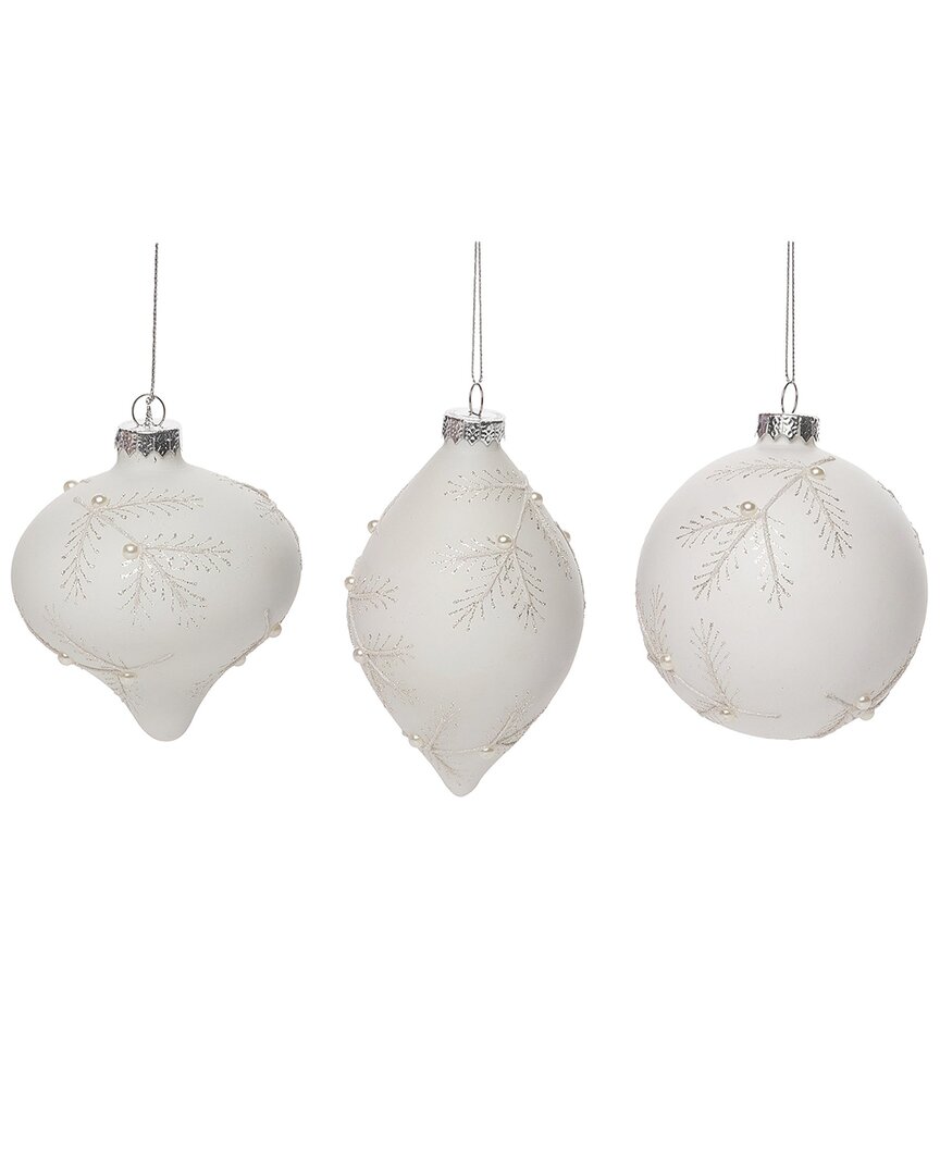 Transpac Glass 4.5in Christmas Pine Needle Ornament Set Of 3 In White