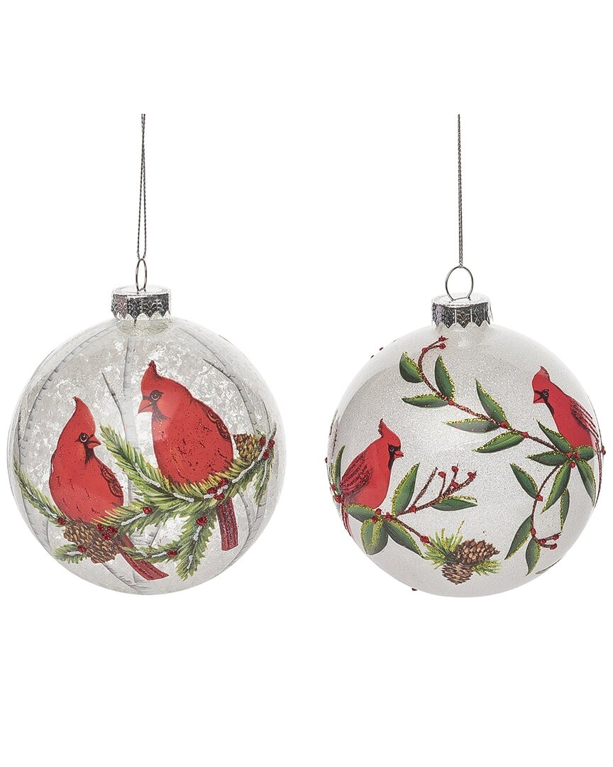 Transpac Glass 4.5in Multicolored Christmas Painted Snow Cardinal Ornament Set Of 2