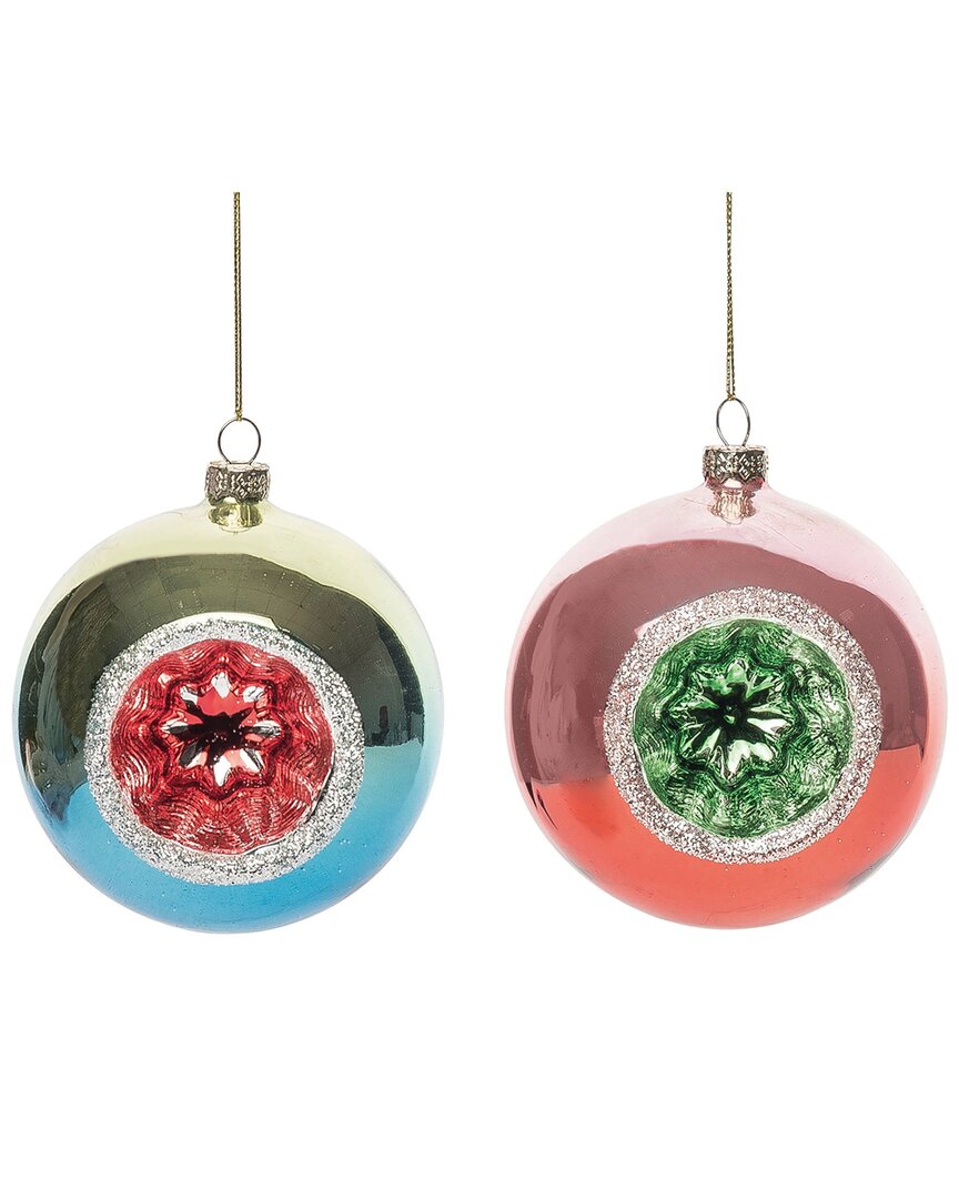 Transpac Glass 4.5in Multicolored Christmas Retro Round Ornament Set Of 2