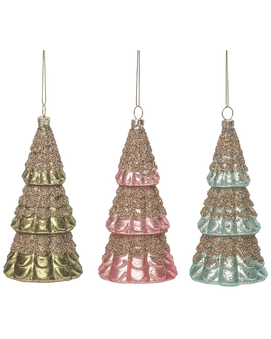 Transpac Glass 6in Multicolored Christmas Vintage Tree Ornament Set Of 3