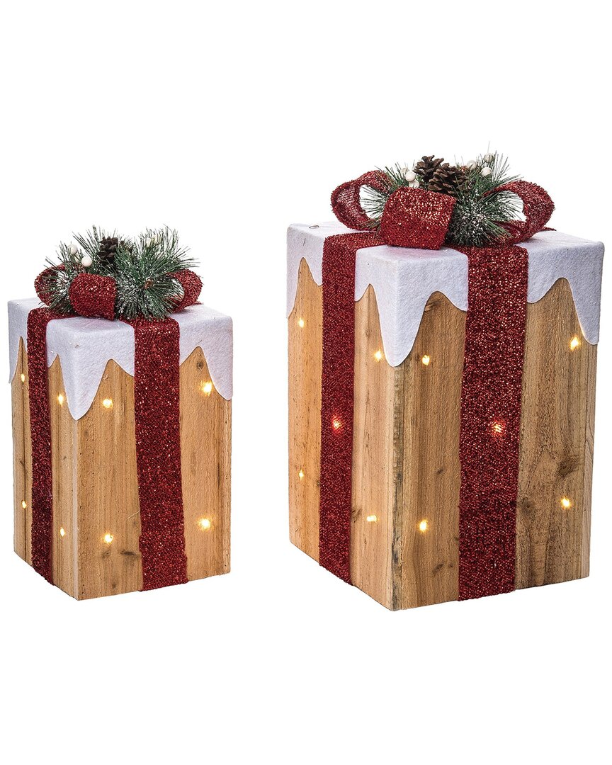 Transpac Wood 12.5in Multicolored Christmas Light Up Snow Cove Gift Decor Set Of 2