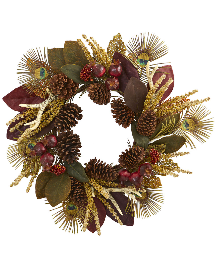 Nearly Natural 27in Leaf, Berry, Antler & Peacock Feather Artificial Wreath