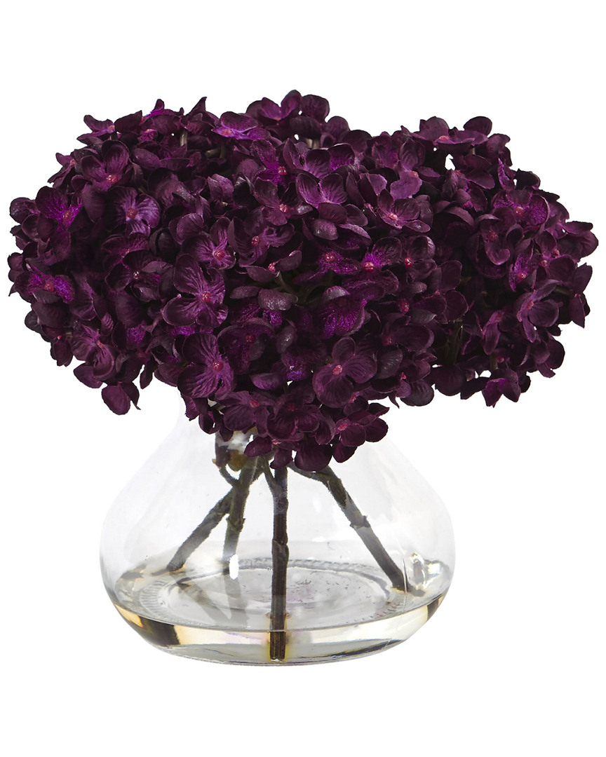 Nearly Natural 8.5"h Hydrangea Artificial Flower Arrangement With Glass Vase In Purple