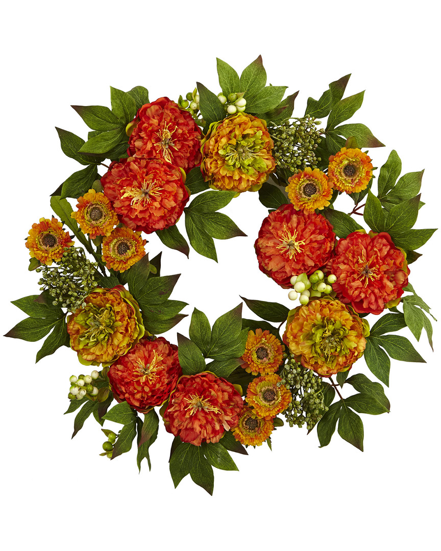 Nearly Natural Peony And Mum Wreath In Orange