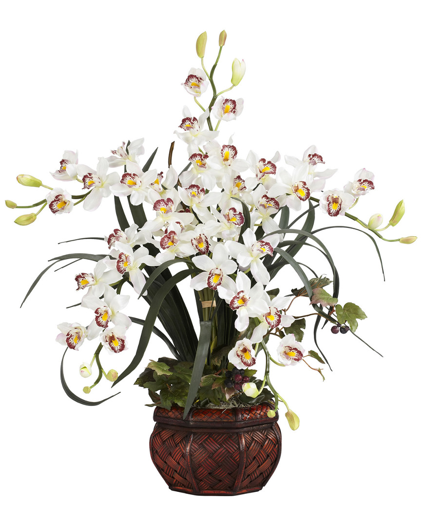 Nearly Natural White Cymbidium Artificial Arrangement With Decorative Vase In Multi