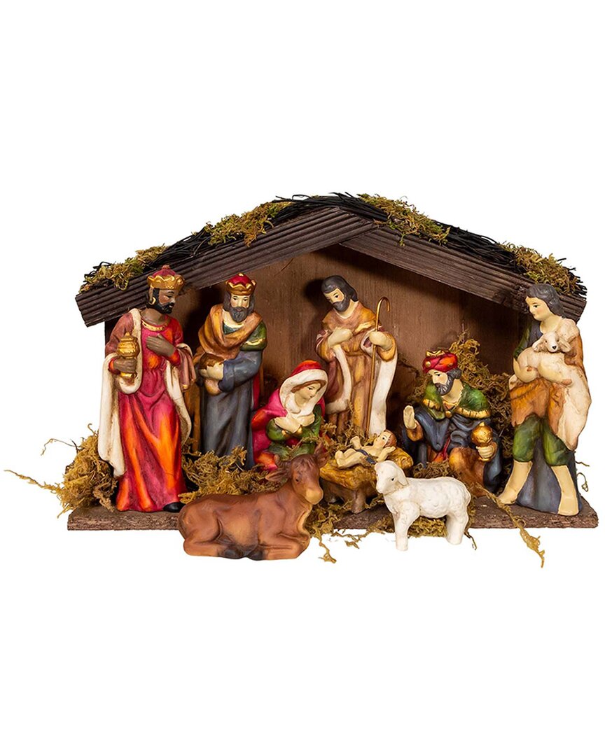 Kurt Adler 1.25-5.25-inch Porcelain Nativity Figures With Wooden Stable, 9pcs