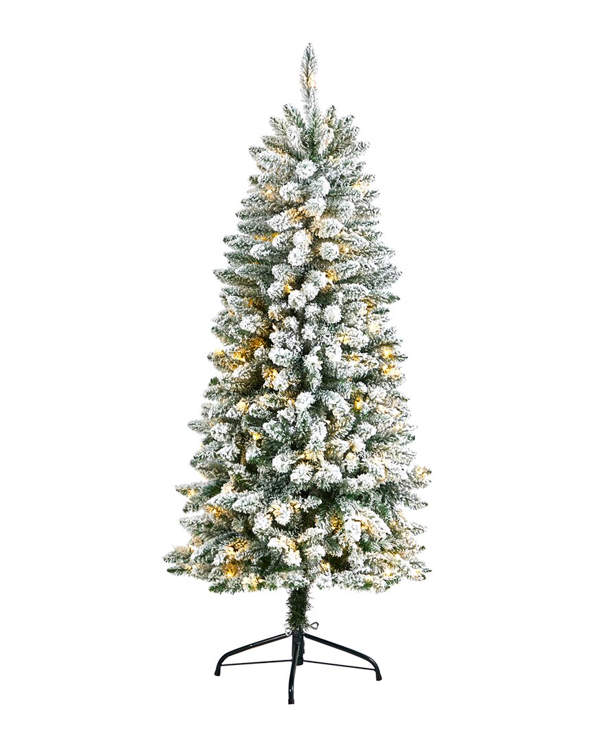 Nearly Natural Slim Flocked Montreal Fir Artificial Christmas Tree With Led Lights & Bendable Branch In Green