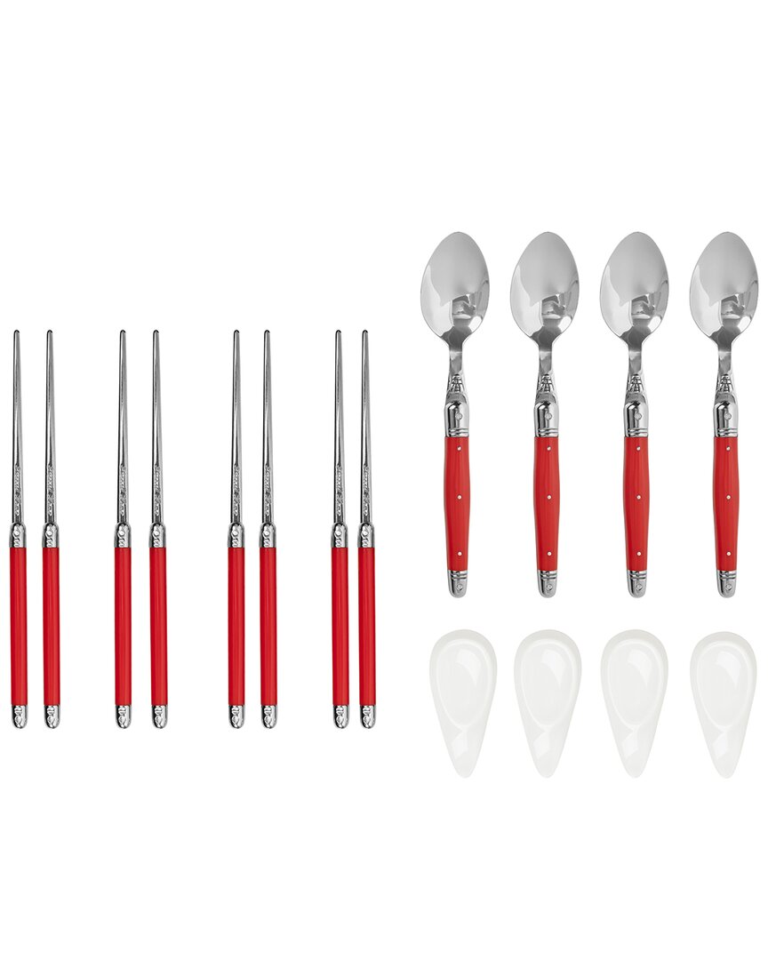 French Home Set Of 4 Chopsticks, Laguiole Spoons & Ceramic Rest Pairs