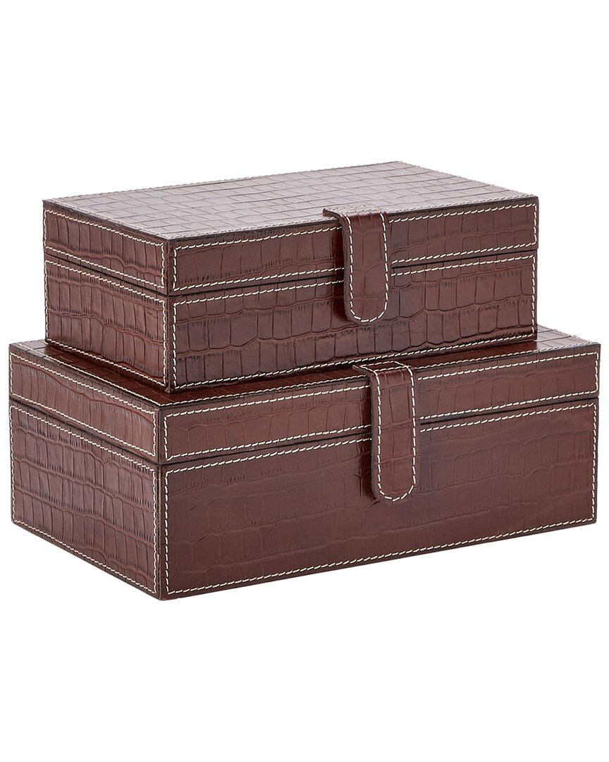 Two's Company Set Of 2 Genuine Leather Reptile Pattern Storage Boxes In Brown