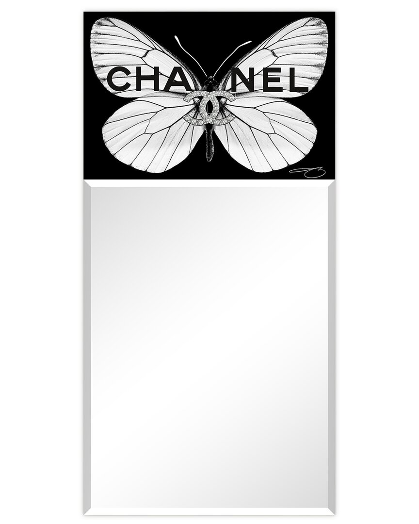 Empire Art Direct Cc Butterfly Rectangular Beveled Mirror On Free Floating Printed Tempered Art Glass In Black,white