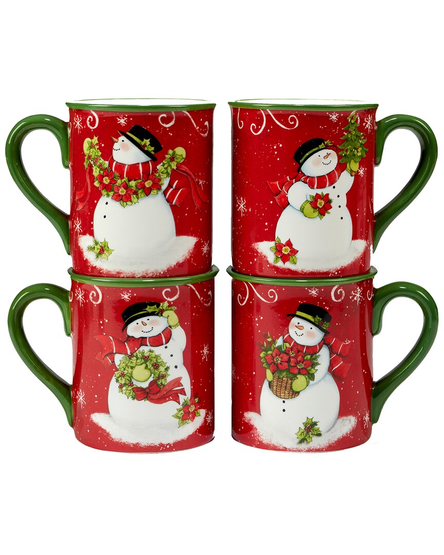 Certified International Holiday Magic Snowman Set Of 4 Mugs In Red