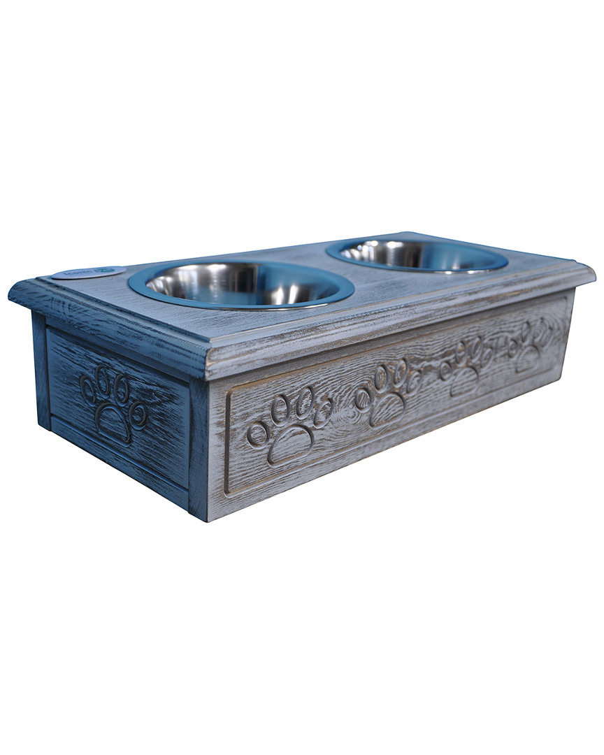 Iconic Pet Wooden Double Dinner Steel Bowls In Blue