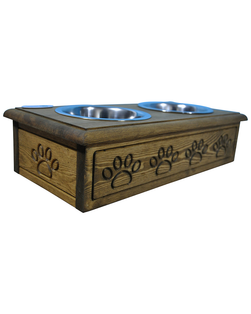 Iconic Pet Wooden Pet Double Diner Steel Bowls In Brown
