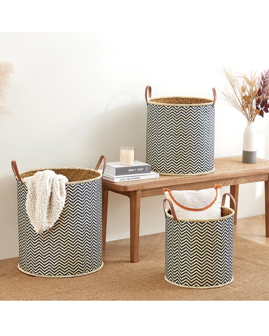 Baum Round Palm Leaf Woven Baskets With Faux Leather Handles (set Of 3)