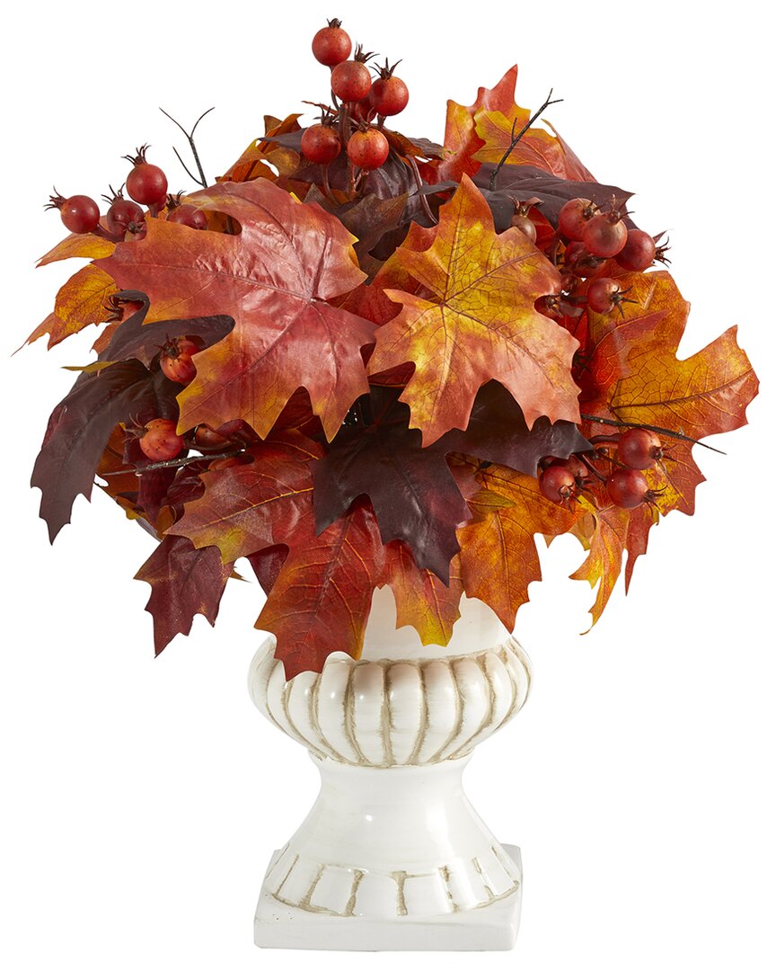 Nearly Natural 20in. Autumn Maple Leaf & Berries Artificial Plant In White Urn In Multi