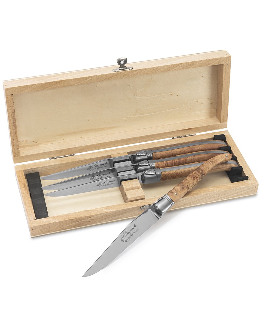 Au Nain Laguiole Set Of 4 Steak Knives With Ash Wood Handles In Clear